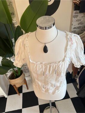 Free People Cream Puff-Sleeve Embroidered Crop Top